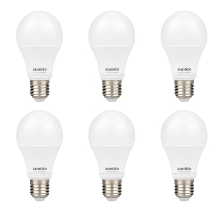 Sunlite LED 9W 60W Equiv 800 Lmn Dimmable E26 Base Energy Star 230 Degree Beam 6500K A19 Light Bulb, 6PK 81511-SU